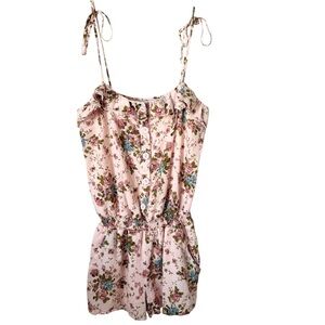 Papaya Soft Pink Floral Sleeveless Romper Size Small Pockets Cotton Linen Summer